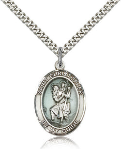 STERLING SILVER BLUE ST CHRISTOPHER MEDAL (OVAL)