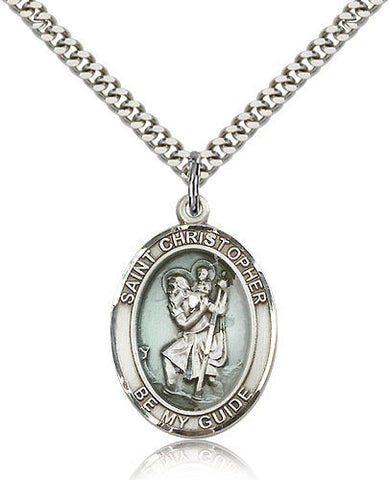STERLING SILVER BLUE ST CHRISTOPHER MEDAL (OVAL)